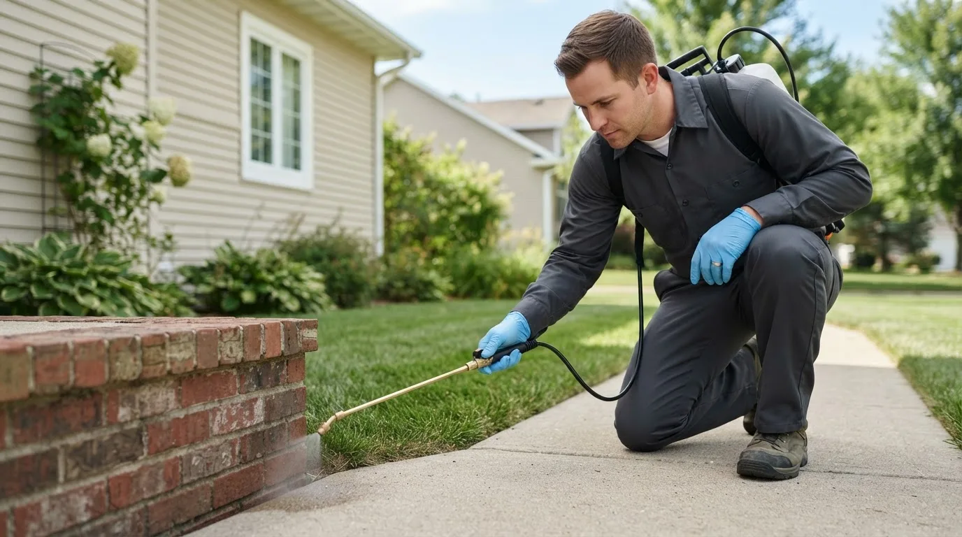 Pest control technician treating a home near Benld, IL