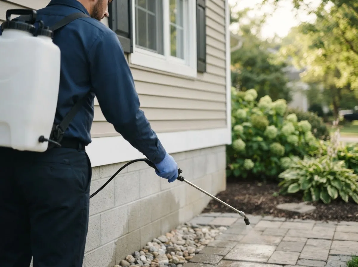 Pest control technician inspecting a home in Benld, IL